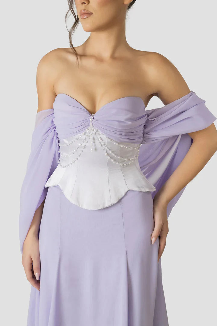 Elegant tube top Backless Lavender and Pearls Beaded Set Prom Dresses