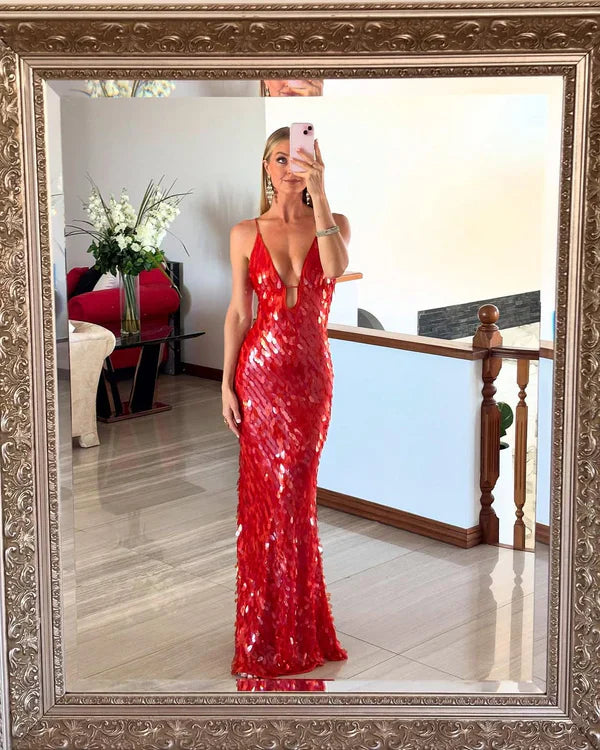 Vestido largo maxi sexy sin mangas con tirantes finos y espalda descubierta con lentejuelas para fiesta