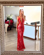 Vestido largo maxi sexy sin mangas con tirantes finos y espalda descubierta con lentejuelas para fiesta