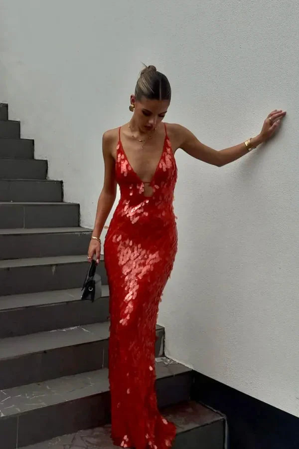 Vestido largo maxi sexy sin mangas con tirantes finos y espalda descubierta con lentejuelas para fiesta