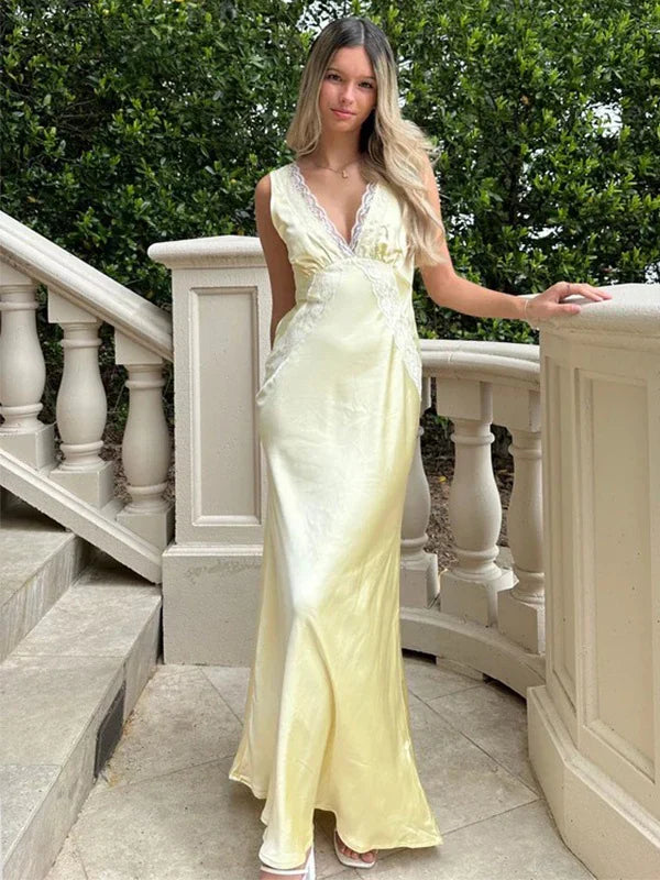 Sexy V-neck Sleeveless Mermaid Satin Evening Prom Dresses