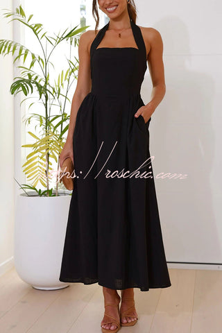 Brunch in Bali – Neckholder-Maxikleid aus Leinenmischung mit Taschen 