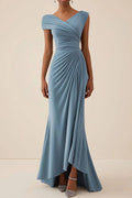 Elegant Party Dress Blue Ruched V Neck Maxi Dress Prom Dresses