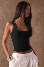 Waist Defined Rhinestone Drilled Sleeveless Tank Top