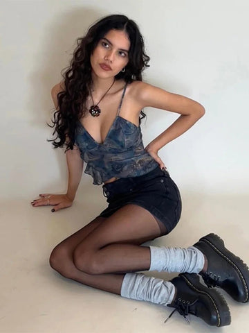 Mesh See Through Printed Vest Women Sexy Casual V-neck Sleeveless Suspender Camisole Patchwork Tank Top Streetwear