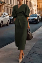 Modern Khaki V Neck Puff Sleeve with Pocket Midi Dress Prom Dresses