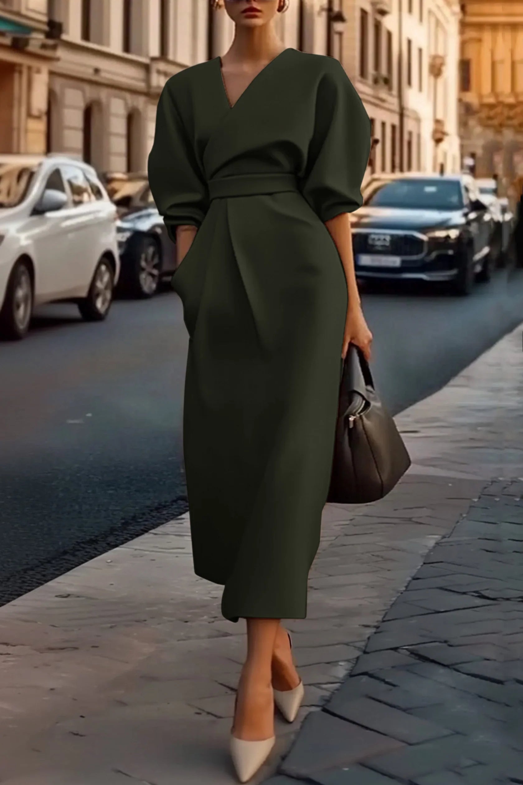 Modern Khaki V Neck Puff Sleeve with Pocket Midi Dress Prom Dresses