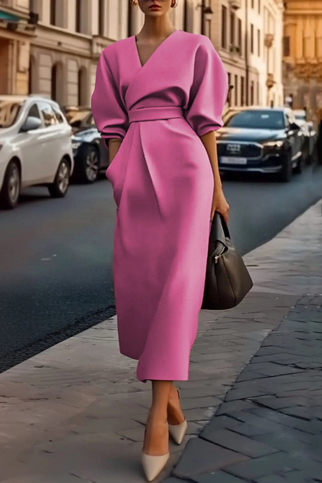 Modern Khaki V Neck Puff Sleeve with Pocket Midi Dress Prom Dresses
