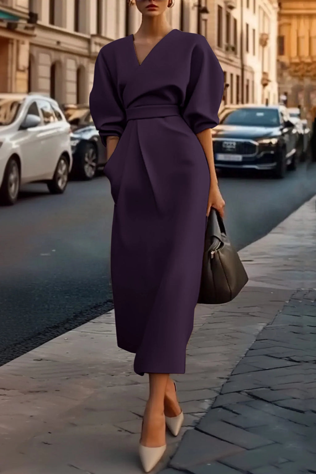 Modern Khaki V Neck Puff Sleeve with Pocket Midi Dress Prom Dresses