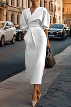 Modern Khaki V Neck Puff Sleeve with Pocket Midi Dress Prom Dresses