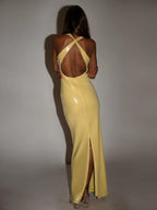 Vestido sexy con lentejuelas, escote en V, espalda descubierta, sin mangas y flores 3D