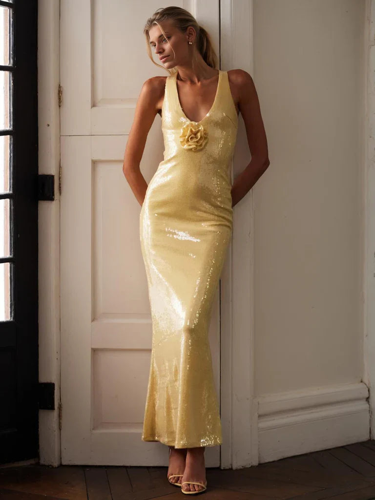 Vestido sexy con lentejuelas, escote en V, espalda descubierta, sin mangas y flores 3D