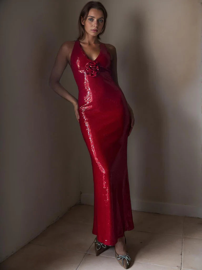 Vestido sexy con lentejuelas, escote en V, espalda descubierta, sin mangas y flores 3D