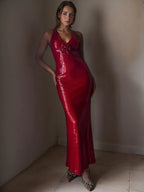 Vestido sexy con lentejuelas, escote en V, espalda descubierta, sin mangas y flores 3D