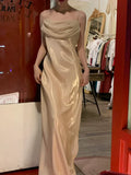 Vintage-Abendkleid aus aprikosenfarbenem Satin in A-Linie mit Spaghettiträgern
