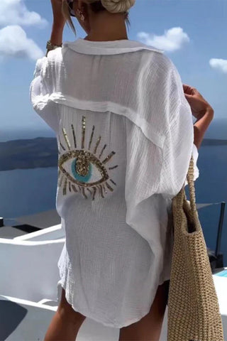 Lässige Blusen mit Patchwork-Umlegekragen und Augenaufdruck (8 Farben) 