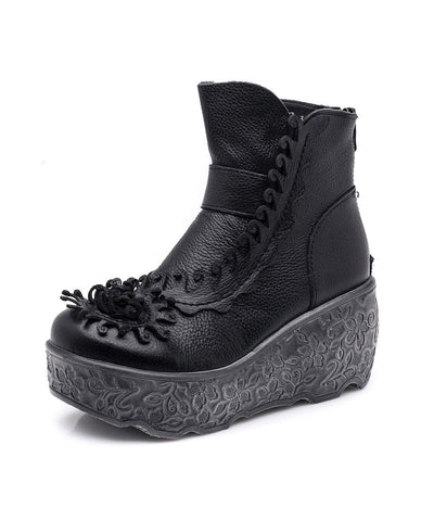 Handgemachte Splicing Wedge Boots Schwarzes Rindsleder Floral 
