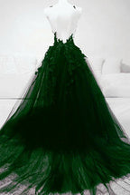 Artistic A line Green Tulle With Lace Deep Neckline Backless Prom Dress