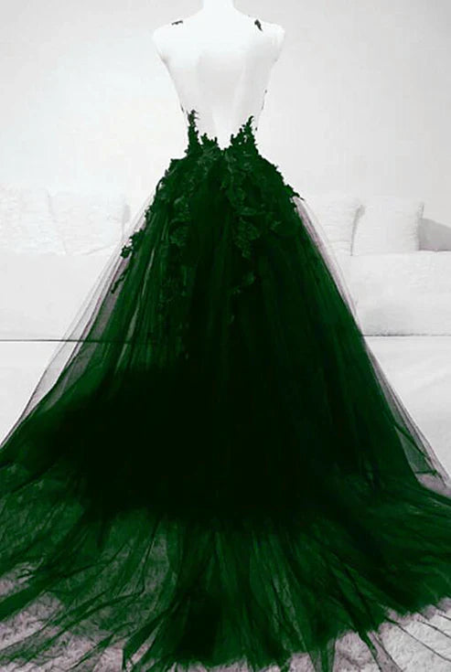 Artistic A line Green Tulle With Lace Deep Neckline Backless Prom Dress