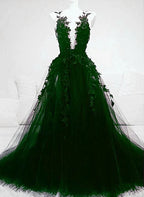 Artistic A line Green Tulle With Lace Deep Neckline Backless Prom Dress