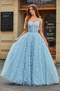 Romantisches, himmelblaues A-Linien-Abendkleid mit Spaghettiträgern und Korsettmuster sowie Blumenmuster