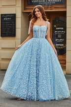 Romantisches, himmelblaues A-Linien-Abendkleid mit Spaghettiträgern und Korsettmuster sowie Blumenmuster