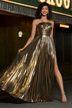 Elegante Vestido de Fiesta Línea A con Tirantes Delgados, Plisado, Brillante Metálico y Abertura