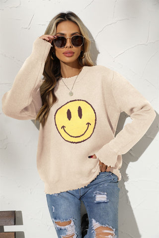 Suéter de punto holgado con cuello redondo de algodón y carita sonriente para mujer de oficina, estilo europeo 