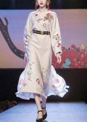 Chinesischen Stil Apricot Print Schärpen Baumwolle Stricken Lange Pullover Kleid Winter 