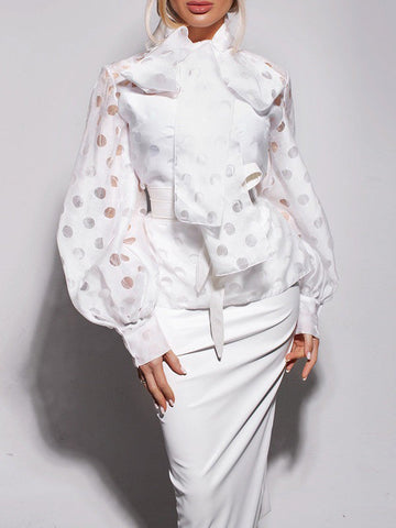 Loose Puff Sleeves Bowknot Pleated Polka-Dot See-Through Split-Joint High Neck Blouses&shirts Tops