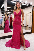 Vestido de fiesta largo de sirena con escote en V y lentejuelas fucsias con espalda abierta