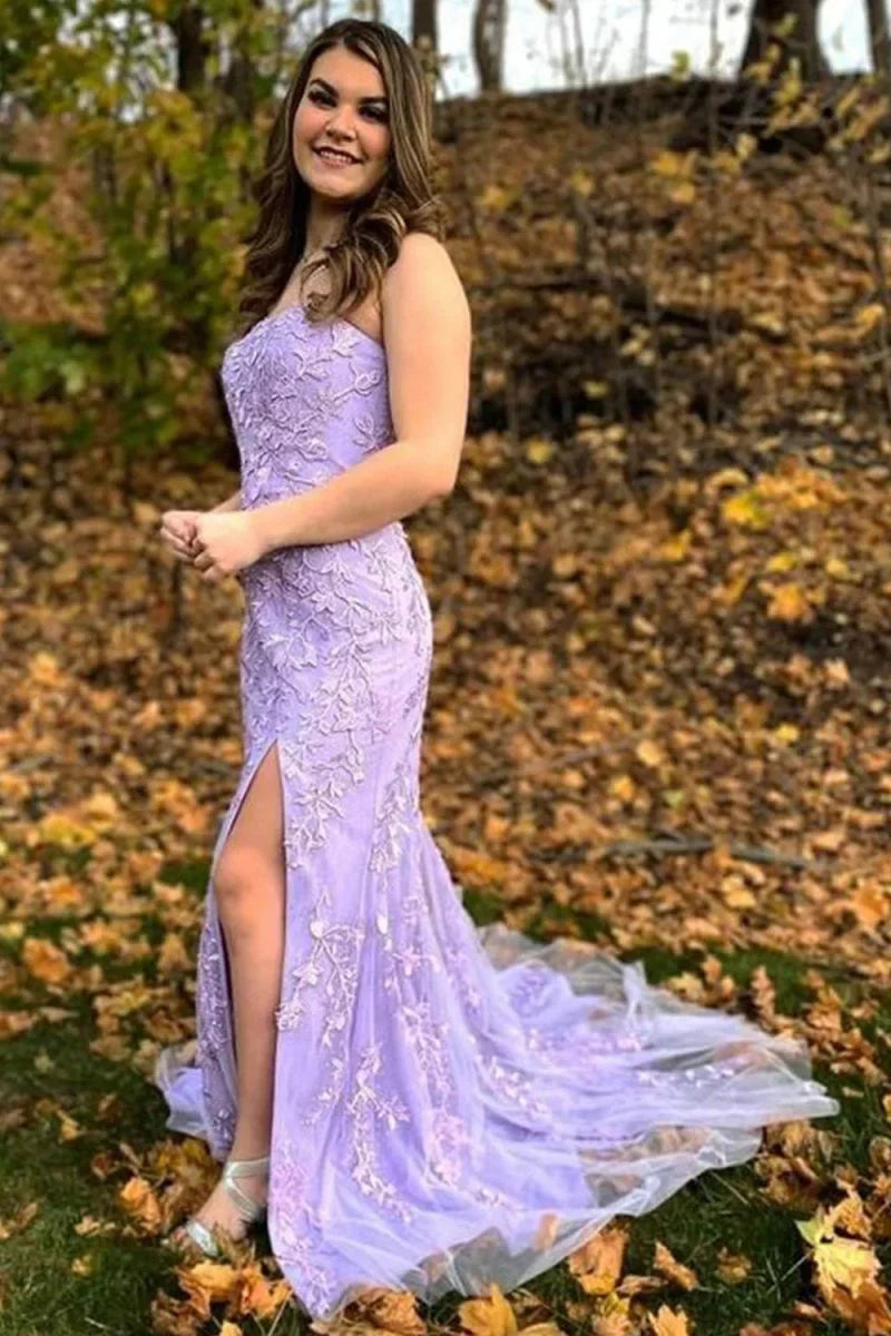 Vestido de fiesta largo de encaje sin tirantes de sirena con abertura