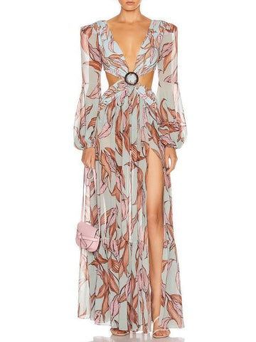 Asymmetrisches Bohemian-Maxikleid mit Blumendruck und Puffärmeln 