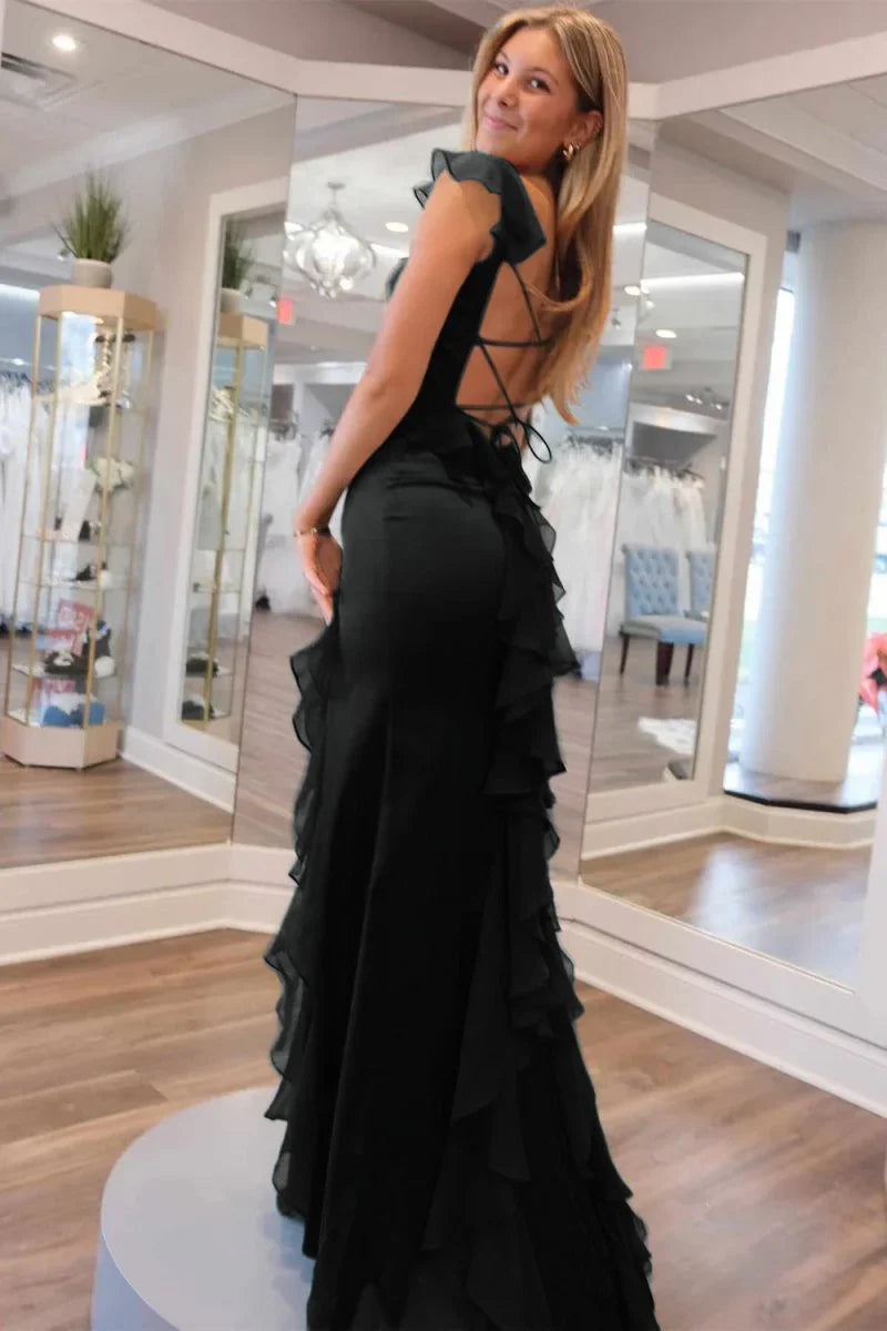 Sexy Square Neck Ruffle Backless Sleeveless Slit Prom Dress