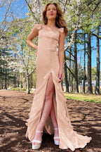 Sexy Square Neck Ruffle Backless Sleeveless Slit Prom Dress