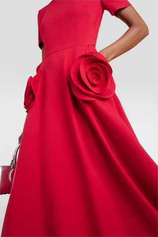 Vestido midi rojo de manga corta con cuello redondo y estampado floral 3D 