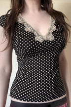 Deep V Neck Polka Dot Lace Blouse