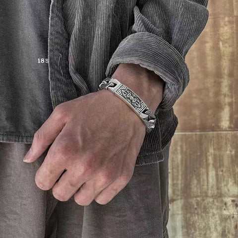 Sterling Silver Six Character Truth Vajra Pestle Protection Curb Chain Bracelet