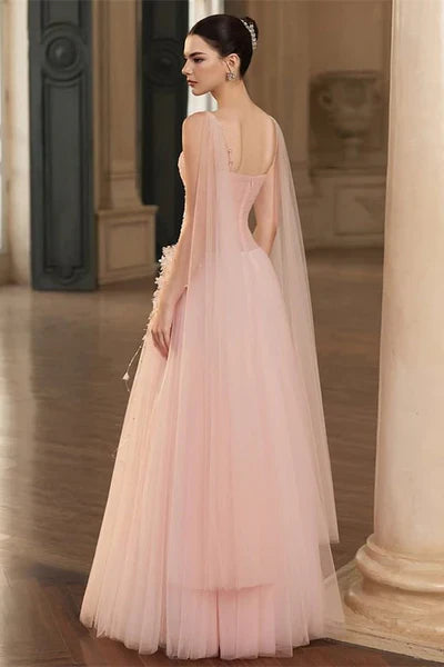 Hermosos vestidos de fiesta de tul rosa con tirantes finos, corte A, cinta, sin mangas, con cuentas y flores