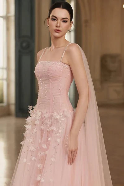 Hermosos vestidos de fiesta de tul rosa con tirantes finos, corte A, cinta, sin mangas, con cuentas y flores
