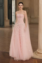 Hermosos vestidos de fiesta de tul rosa con tirantes finos, corte A, cinta, sin mangas, con cuentas y flores