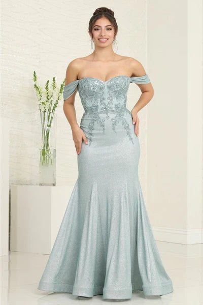Vestido de Fiesta Largo con Hombrera Caída, Drapeado, Apliques, Mangas y Corsé