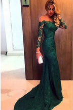 Dark Green Prom Dresses Long Sleeve Lace Sheath Evening Gown
