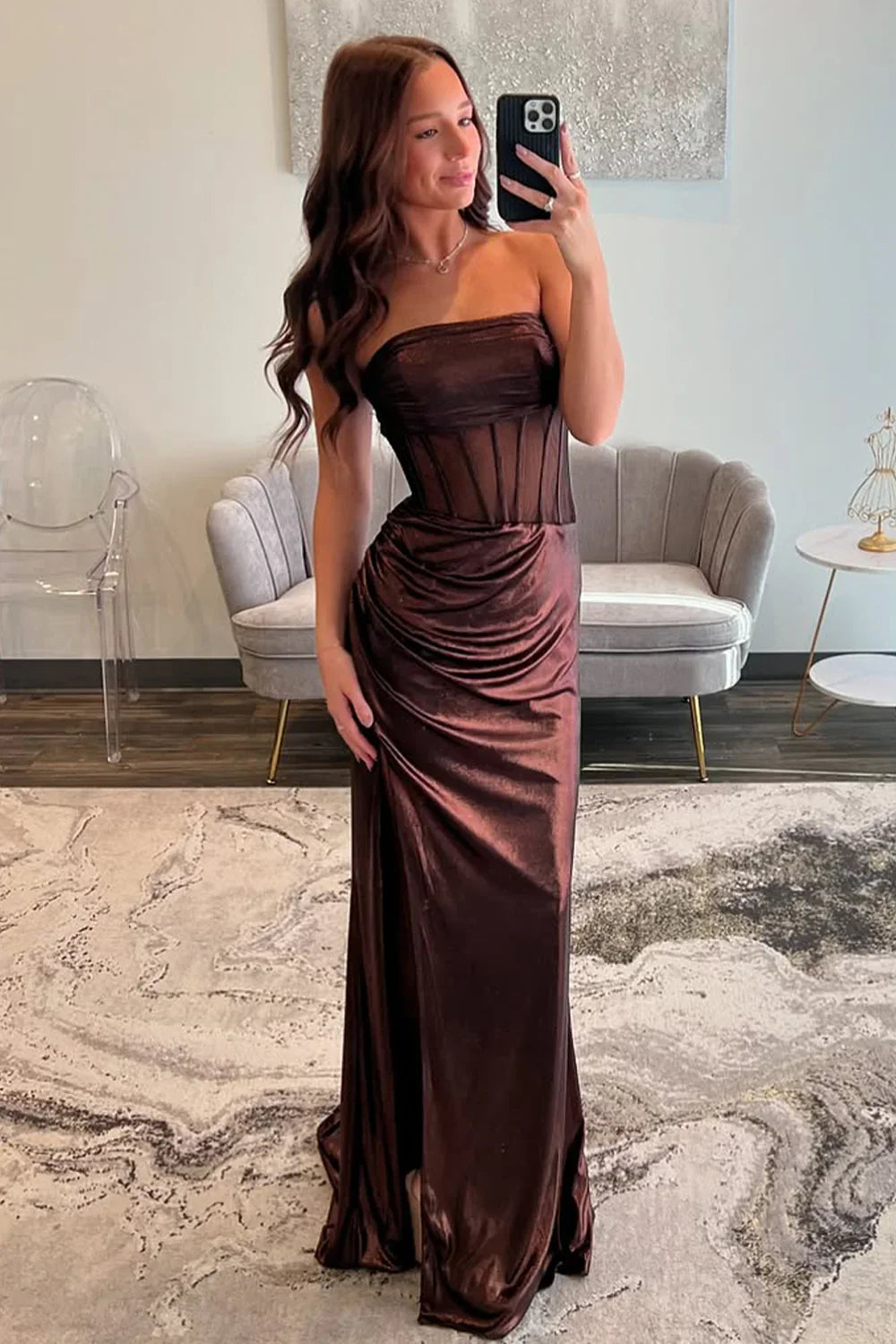 Chic Mermaid Strapless Long  Metallic Prom Dress with Leg Slit