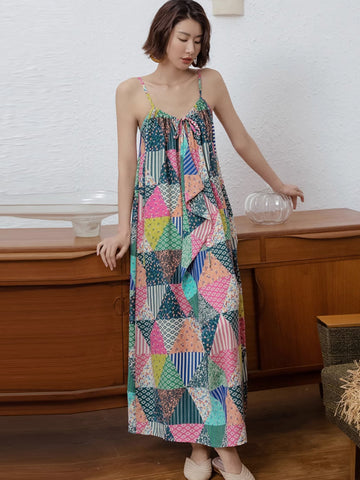 Women Summer Retro Triangle Floral Spliced Vest Dress