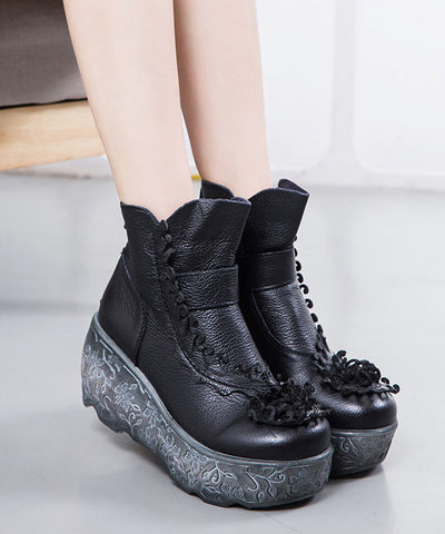 Handgemachte Splicing Wedge Boots Schwarzes Rindsleder Floral 