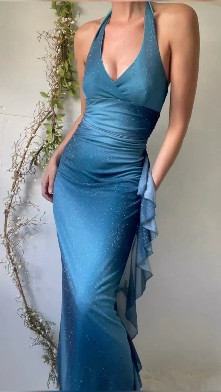 Sexy Partykleider Neckholder V-Ausschnitt Rüschen Chiffon Ballkleid