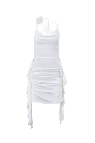 Halter Floral Cowl Neck Ruched Ribbon Dress