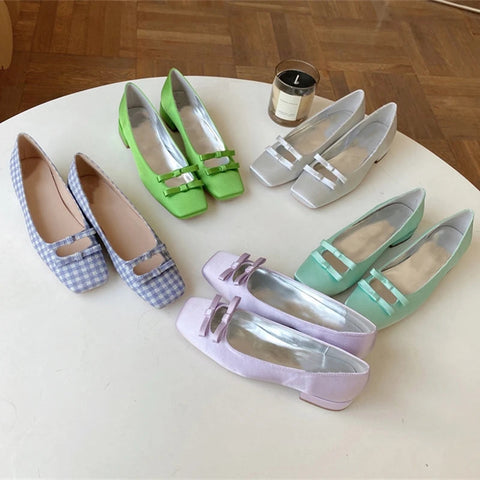 Zapatos de ballet para mujer, primavera y otoño 2024, nueva moda, zapatos Mary Jane de punta cuadrada, mocasines con lazo para mujer