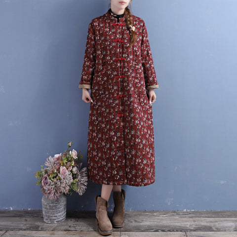 Vestido de lino y algodón acolchado con estampado floral retro de invierno 
